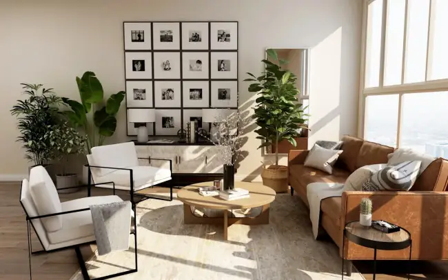 Bright remodeled living room with hardwood floors and modern furnishings