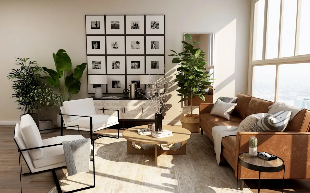 Bright remodeled living room with hardwood floors and modern furnishings
